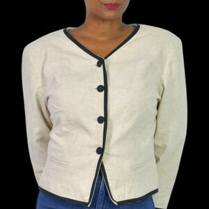 Vintage Althuser Linen Blend Blazer Jacket Beige Crop Tailored Shoulder Pads 10